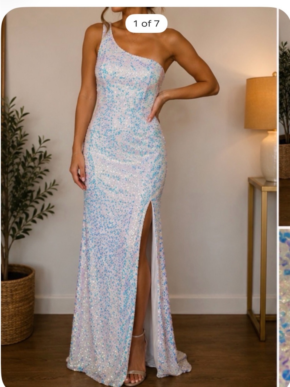 Crystal Doll One-Shoulder Sequin Gown in Iridescent Blue-White